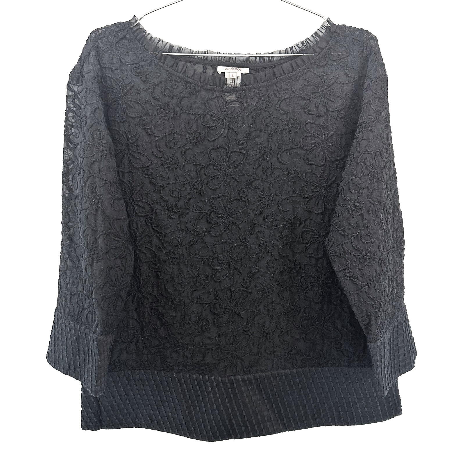 Sundance Wool & Silk Floral Embroidered Sheer Blouse Large Black Chic